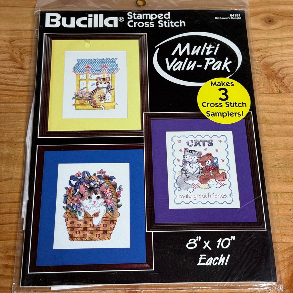 Bucilla Stamped Cross Stitch Kit 64181 Cat Lover's Delight 3 Samplers Vintage